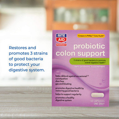 Rite Aid Probiotic Colon Support Capsules - 60 Count | Daily Probiotic Supplement | Restoring Good Bacteria | Colon Health | Colon Health Probiotic | Mens & Womens Probiotic | Probiotic Supplements