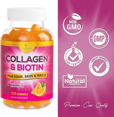 Collagen Gummies with Extra Strength Biotin for Hair, Skin & Nails Support - Gummy Vitamins with Hydrolyzed Collagen Peptides & Vitamins E, C, & Zinc - Non-GMO, for Women & Men - 120 Count