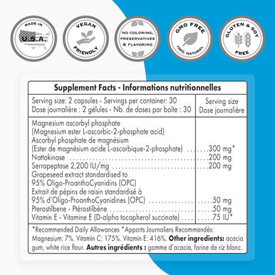 Supersmart Plasminogen Activator Supplement Blood Pressure Health Rich in Pterostilbene Nattokinase Serrapeptase Antioxidant NonGMO Gluten Free 60 DR Capsules