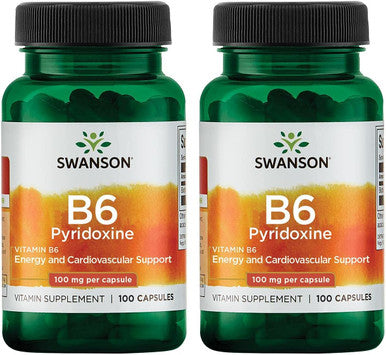 Swanson Vitamin B-6 (Pyridoxine) Cardio Health Support Energy Metabolism 100 Milligrams 100 Capsules (2 Pack)