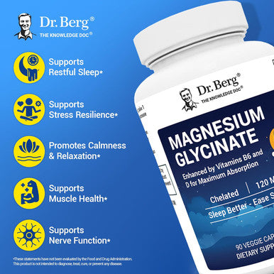 Dr. Berg Magnesium Glycinate With Vitamin D and B6 For Stress Relief Calm Relaxation and Good Sleep 120 Mg Magnesium Glycinate 90 Caps