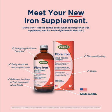 Flora - Iron with B-Vitamin Complex, Helps Maintain Healthy Iron Levels, Non-Constipating, Highly Absorbable Vitamin-B & Iron Supplement, Vegan, Yeast and Gluten Free, 7.7-oz. Glass Bottle