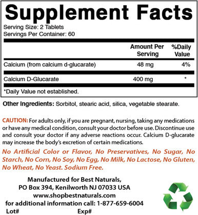 Best Naturals Calcium D-Glucarate 200 mg 120 Tablets