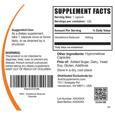 BulkSupplements Glutathione Reduced Capsules (Reduced Glutathione) - for Antioxidant & Liver Support - Vegan, - 500mg - 4-Month Supply (120 Veg Capsules)