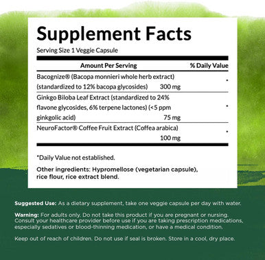 Swanson Pure Brainpower Brain Health Cognitive Memory Focus Support Brain-Derived Neurotrophic Factor (BDNF) Herbal Supplement (Ginkgo Biloba Bacopa Monnieri) 60 Veggie Capsules (Veg Caps) Vegan