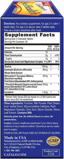 CATALO Childrens Eye Health Formula Vision Support with European Bilberry Extracts Eyebright Extracts Lycopene Lutein Zeaxanthin Taurine and Zinc 60 Blueberry Flavor Chewable Tablets