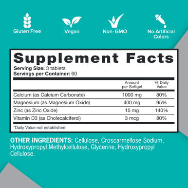 Qunol Magnesium 3 in 1 Tablets with Calcium, Magnesium & Zinc for Immune Support, Bone, Nerve, and Muscle Health Supplement, 180 Count