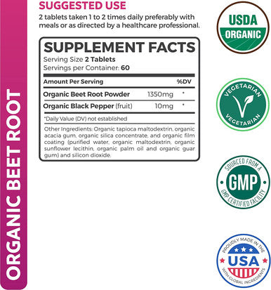 USDA Organic Beet Root Powder 120 Tablets 1350mg Beets Per Serving with Black Pepper for Extra Absorption Nitrate Supplement for Circulation Heart Health Super Athletic Performance No Capsules