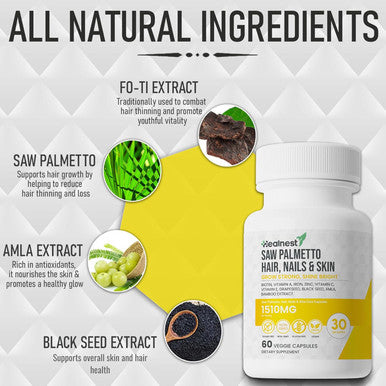 Hair, Nails & Skin Care With Saw Palmetto, Biotin, Amla, Vitamins A, C, E, Zinc, Copper, Black Seed Extract, Fo-Ti - 60 Non-Gmo, Gluten Free, Veggie Capsules For Men And Women