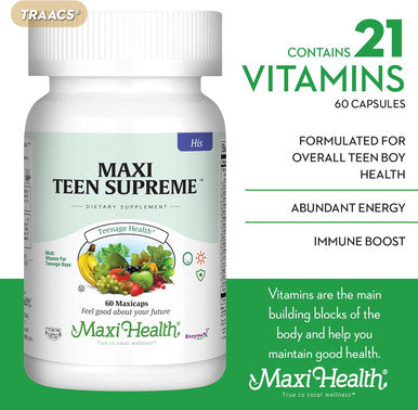 Maxi Health Teen Supreme HIS Vitamins for Boys Ages 12-17 - Multivitamin Capsules for Height Growth Energy Antioxidants & Nutrition Needs