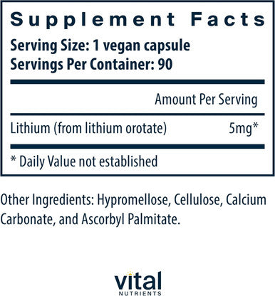 Vital Nutrients Lithium Orotate | Vegan Lithium Supplements for Memory State of Mind and Behavioral Health| 5mg | Gluten Dairy Soy | 90 Capsules