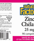Natural Factors Zinc Chelate 25mg Support for Healthy Skin Immune Function 90 Tablets