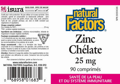 Natural Factors Zinc Chelate 25mg Support for Healthy Skin Immune Function 90 Tablets