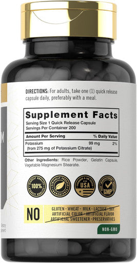 Carlyle Potassium Citrate Supplement | 99mg | 200 Capsules | Non-GMO and Gluten