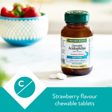 Nature's Bounty Chewable Acidophilus With B. Lactis Strawberry Flavour Tablets - Pack Of 60 Chewable Tablets - 1 Billion Active Cultures Per Tablet - Suitable For Vegetarians And Vegans