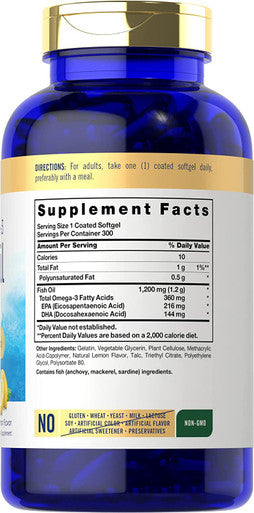 Carlyle Burpless Fish Oil 1200 mg | 300 Softgels | with 360 mg Omega-3 Fatty Acids | Natural Lemon Flavor | Non-GMO, Gluten Free Supplement