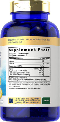 Carlyle Burpless Fish Oil 1200 Mg | 300 Softgels | With 360 Mg Omega-3 Fatty Acids | Natural Lemon Flavor | Non-Gmo, Gluten Free