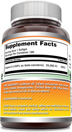 Amazing Nutrition Formulas Beta Carotene Supplement | 25000 IU Per Serving | 180 Softgels | Non-GMO | Gluten | Made in USA