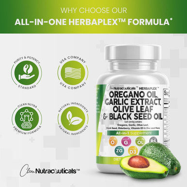 Clean Nutraceuticals Oregano Oil Garlic Extract Olive Leaf Black Seed Oil - Immune Support & Digestive Health Supplement For Women And Men With Vitamin D3 & Zinc - 1Pack