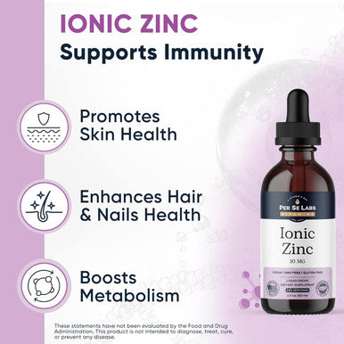 Per Se Labs Ionic Zinc Liquid - 10 Mg High Absorption 240 Servings Liquid Zinc Drops For Adults - Immune Support Skin Care Zinc Supplements - Vegan Zinc Sulfate Antioxidant Dietary Supplement - 2 Oz