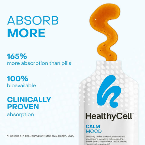 Healthycell Calm Mood Daily Liquid Supplement - Cortisol Manager & Mood Support Supplement For Stress With Ashwagandha L-Theanine Magnesium 5-Htp Gaba & Saffron - 30 Gel Packs