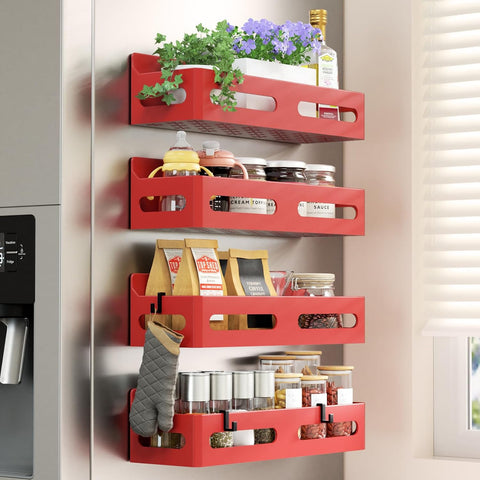 4-Pack Magnetic Spice Rack for Refrigerator with Hooks, Pink | Strong multipurpose magnetic shelf for kitchen & bathroom organization. Includes 4 removable hooks for hanging items.