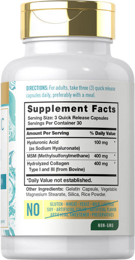 Carlyle Hyaluronic Acid With Collagen 900Mg | 90 Capsules | With Msm | Hydrolyzed Collagen Complex | Non-Gmo, Gluten Free Supplem
