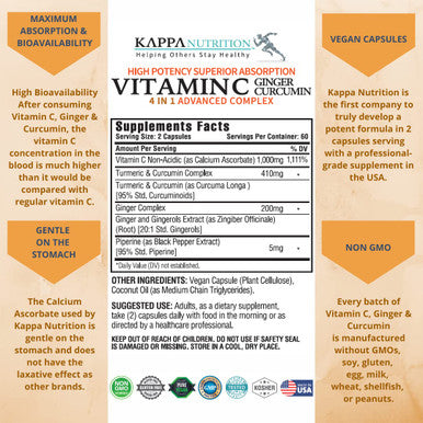 KAPPA NUTRITION Vitamin C 1,000mg, Ginger, Curcumin, Piperine, 4 in 1 Advanced Complex, (120 Capsules) from