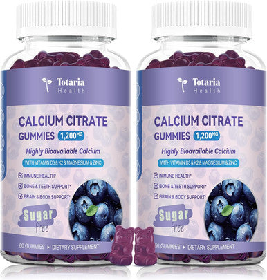 Totaria 2 Pack Calcium Citrate Gummies 1200 Mg - Calcium Supplements For Women With Vitamin D3 & K2,Magnesium,Zinc - Sugar Calcium Gummies For Bone & Teeth & Immune Support- Peach Flavor