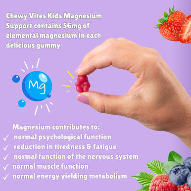 Chewy Vites Kids Magnesium 2 Months Supply 60 Kids Vitamins Gummies 500mg Magnesium Citrate Providing 56mg per Gummy Real Fruit Juice Age 3 + Berries Flavour