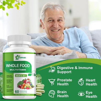 Mens Multivitamins 50 Plus, Whole Food Multivitamin Organic Natural Foods Mens Vitamins Multivitamin Men 50+ For Brain, Heart And Eye Health, Improve Digestion & Prostate Health, 60 Capsules