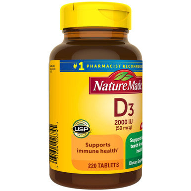 Nature Made Vitamin D3 220 Tablets Vitamin D 2000 Iu (50 Mcg) Helps Support Immune Health Strong Bones And Teeth & Muscle Function 250% Of Daily Value For Vitamin D In One Daily Tablet