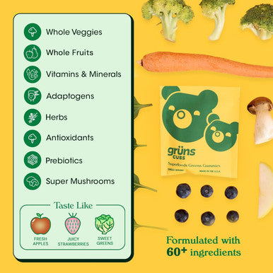Gruns Kids Super Greens Gummies, Low Sugar - Superfood Gummy Bears With Spirulina, Chlorella & Prebiotics For Digestive Health - Adaptogens Supplement With 20 Vitamins & Minerals -1 Month Supply