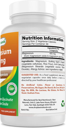 Best Naturals Magnesium 425 mg 180 Veggie Capsules - High Absorption Magnesium Glycinate & Magnesium Oxide Chelated Non-GMO Gluten Muscle Relax (180 Count (Pack of 1))