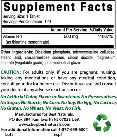 Best Naturals Vitamin B1 as Thiamine Mononitrate 500 mg 120 Tablets (120 Count (Pack of 1))