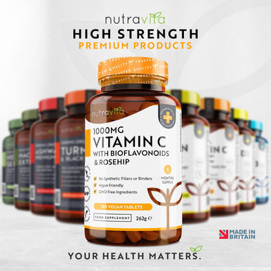 Vitamin C 1000Mg 180 Premium Vegan & Vegetarian Tablets 6 Month Supply High Strength Ascorbic Acid With Added Bioflavonoids & Rosehip Normal Immune System Made In The Uk By Nutravita