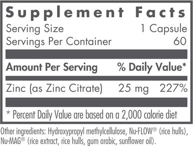 Nutricology Zinc Citrate Supplement - 25Mg Zinc For Men & Women, Immune Support, Pure, Well-Absorbed, Well-Tolerated, Trace Mineral, Vegetarian Capsules - 60 Count