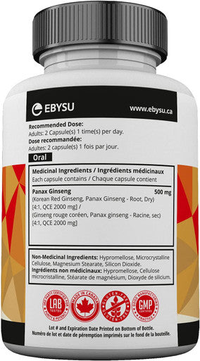 EBYSU Korean Red Ginseng Supplement Used in Herbal Medicine to Support Cognitive Function, Increase Resistance to Stress & Increase Energy 120 Capsules (500 mg)