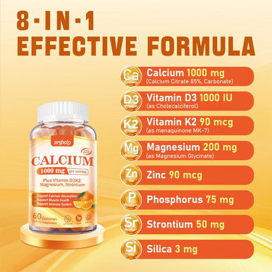 1000 Mg Calcium Citrate Supplement Gummies For Adults - Calcium Gummies With Vitamin D3, K2, Magnesium, Strontium For Women, Men - Support Calcium Absorption & Immune System