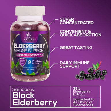 Nature'S Nutrition Sambucus Elderberry Gummies for Adults Teens & Kids - Super Concentrated 35:1 Extract Equivalent to 4200mg of Elderberries - Daily Immune Support Black Elderberry Vitamin Supplement - 120 Count