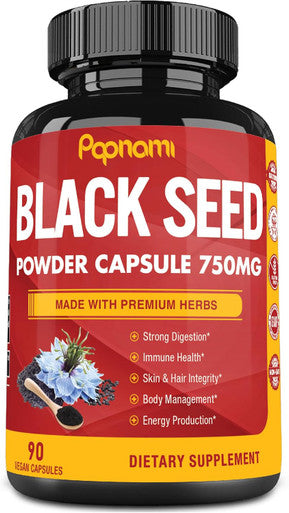 Papnami Pure Black Seed Powder Capsules 750Mg - Premium Supplement For Immunity Digestive Skin Hair & Body Balance - 90 Pills For 3 Month Supply
