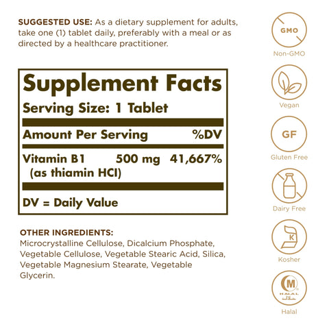 Solgar Vitamin B1 (Thiamin) - 100 Tablets - Super Potency 500Mg Formula - Non-Gmo Vegan Gluten Free Kosher Halal 100 Servings