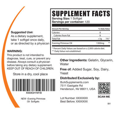 BulkSupplements Evening Primrose Oil 1300mg Softgels - Omega 6 Supplement - Gamma Linoleic Supplement - 1 Evening Primrose Oil Softgels - Primrose Oil Capsules (120 Softgels)