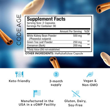 Codeage Keto Carb White Kidney Bean Green Tea & Cinnamon Bark Supplement Triple Action Keto Cheat Vegan Pills Ketogenic Low Carb Diet Sugar 3 Months Supply Non-GMO Gluten- 180 Capsules