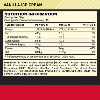 Optimum Nutrition Gold Standard 100% Whey Muscle Building And Recovery Protein Powder With Naturally Occurring Glutamine And Bcaa Amino Acids Vanilla Ice Cream Flavour 15 Servings 450 G
