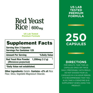 Natures Bounty Red Yeast Rice Herbal Supplement 600 Mg 250 Capsules
