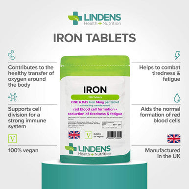 Lindens Iron 14mg - 120 Vegan Tablets - Reduce Tiredness, Increase Energy | Creates Healthy Red Blood Cells | Normal Oxygen Transportation | (4 Months Supply) | UK Manufacturer, Letterbox Friendly