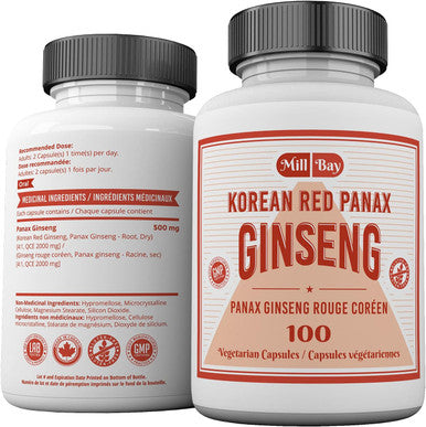 Mill Bay Korean Red Panax Ginseng Supplement Used in Herbal Medicine to Help Enhance Physical Performance, Increase Energy and as an Adaptogen - 100 Capsules (Strength 500 mg)
