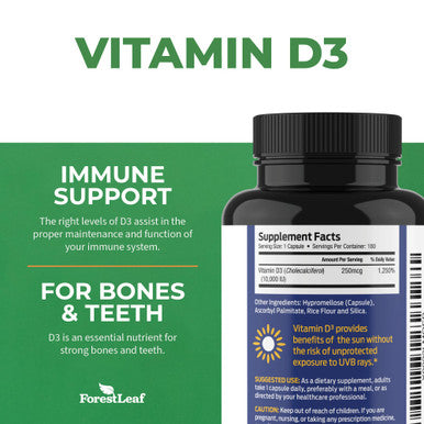 ForestLeaf Vitamin D3 10000 IU - Bone Health and Immune Support Supplements for Women and Men 180 Vegetable Capsules