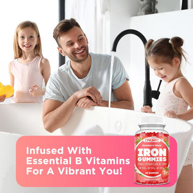 Iron Gummies For Women & Men - Iron Supplement With Vitamin B6, B12, C, Zinc, Folate For Adults & Kids - Support Iron Deficiency, Anemia, Energy Boost, Blood Builder - Sugar Vegan 60Ct Strawberry